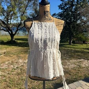 Revolve Linen & Dot Cream Top with Fringe Details Size Small